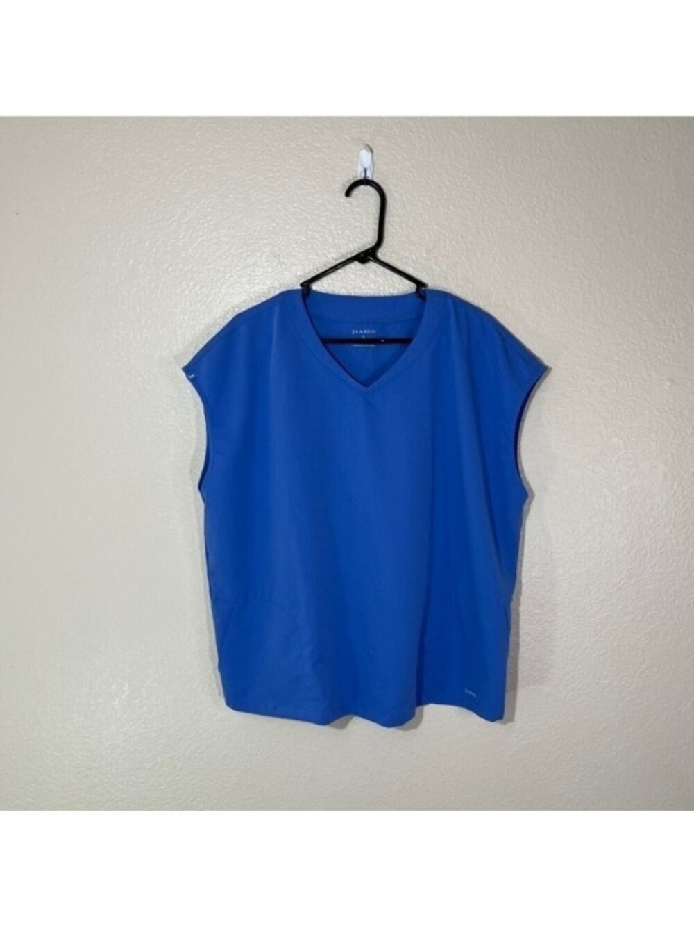 Jaanuu Scrub Top Womens Large Cap Sleeve 2 Pocket V Neck Medical Nurse Blue